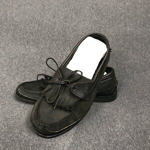 Men’s Timberland Black Leather Boat Shoes Size 7.5 Moc-Toe Tassel Casual Slip-On